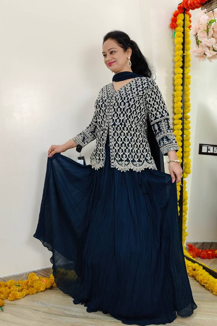 Full Sleeves Peplum top Dress With Skirt In Blue