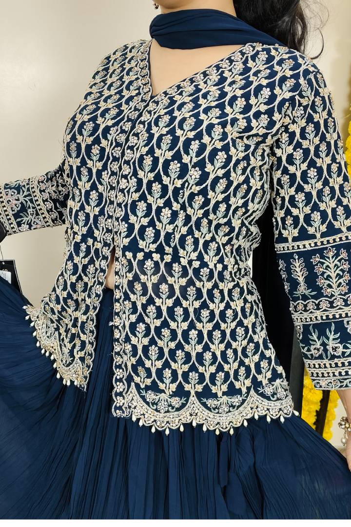 Full Sleeves Peplum top Dress With Skirt In Blue