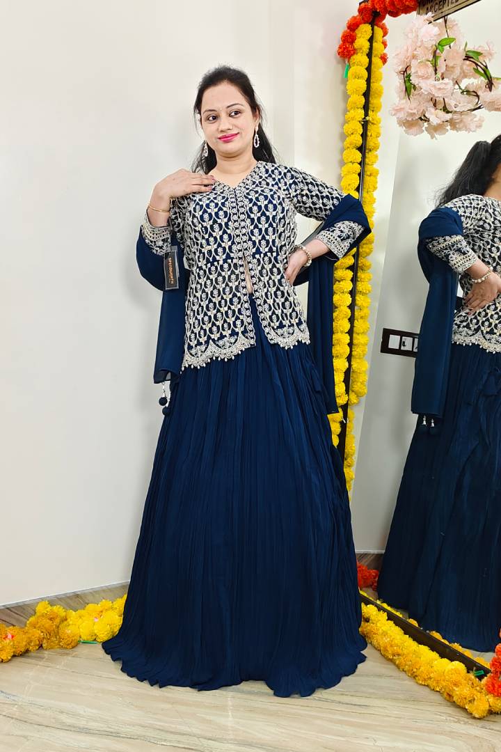 Full Sleeves Peplum top Dress With Skirt In Blue