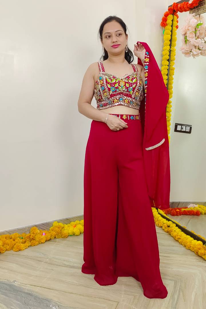 Indo western three piece dress with SHrug In Hot Pink