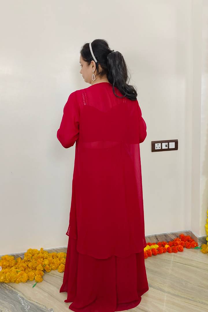 Indo western three piece dress with SHrug In Hot Pink