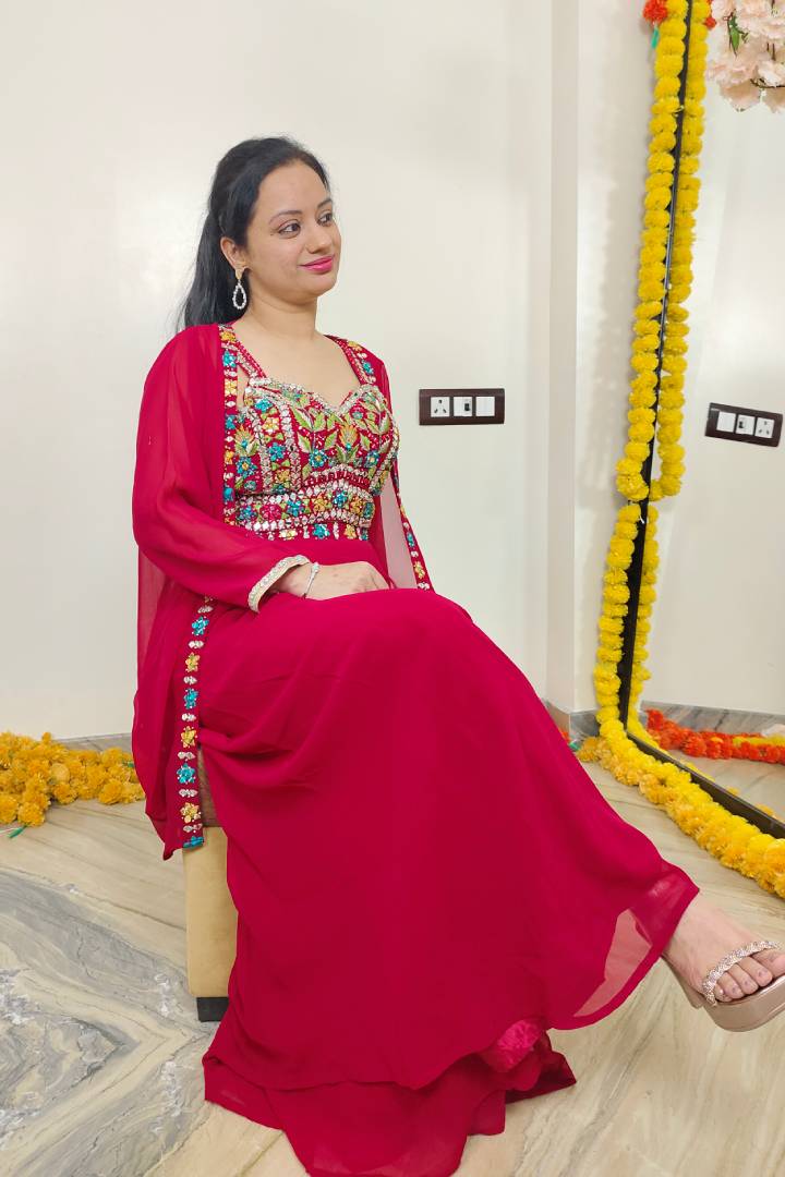 Indo western three piece dress with SHrug In Hot Pink