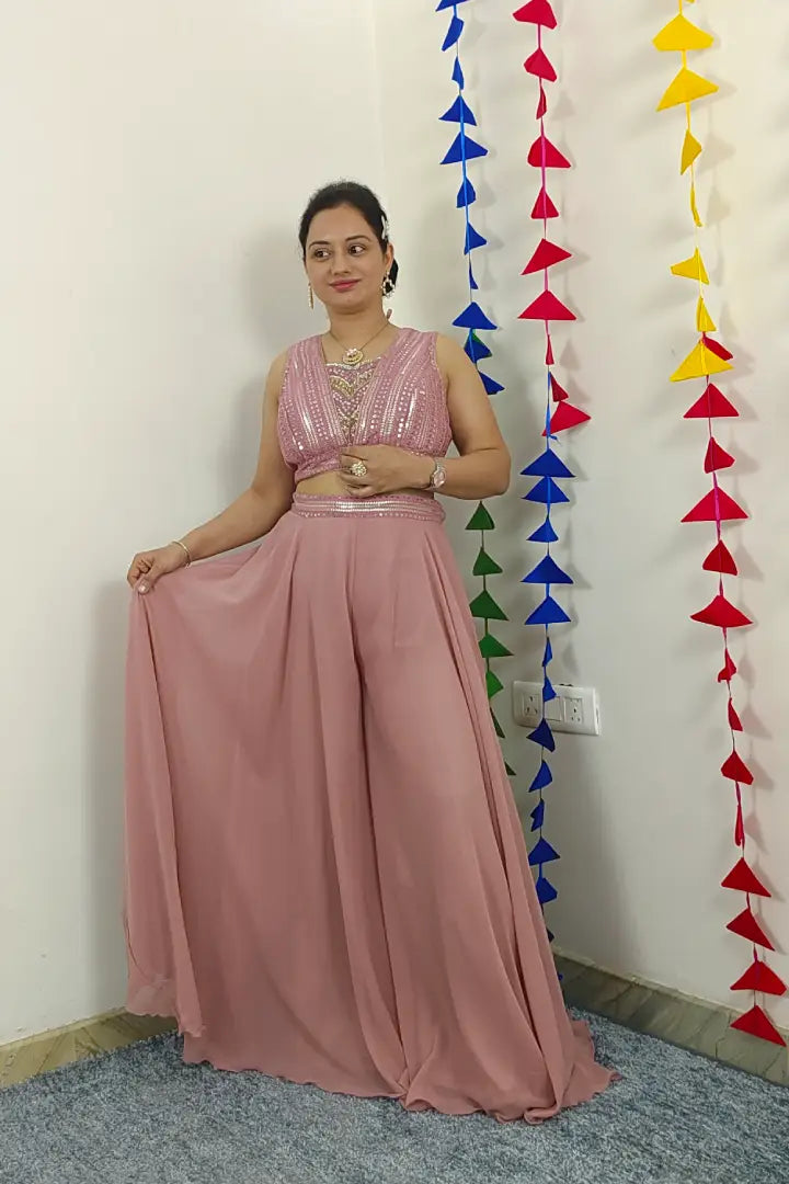 Crop Top Sharara Set With Cape sleeves Design in Mauve