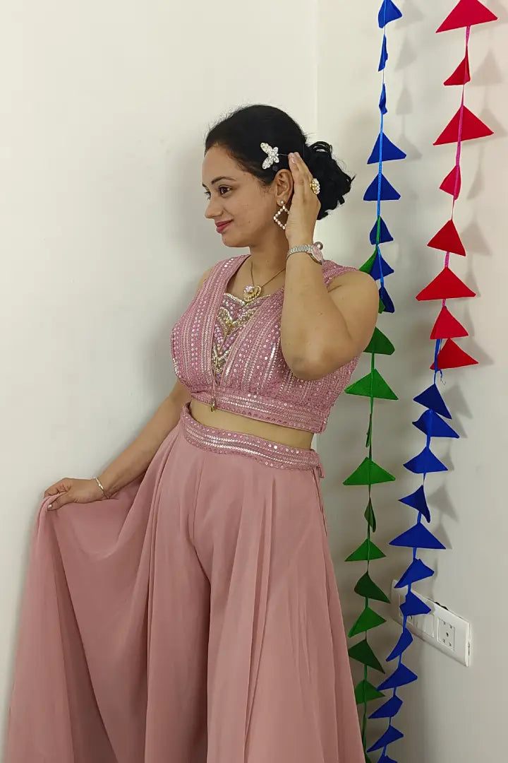 Crop Top Sharara Set With Cape sleeves Design in Mauve