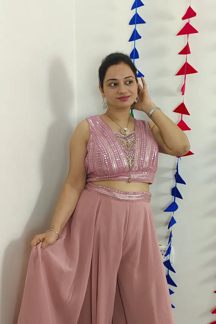 Crop Top Sharara Set With Cape sleeves Design in Mauve
