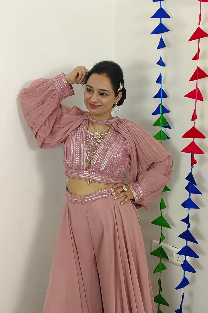 Crop Top Sharara Set With Cape sleeves Design in Mauve