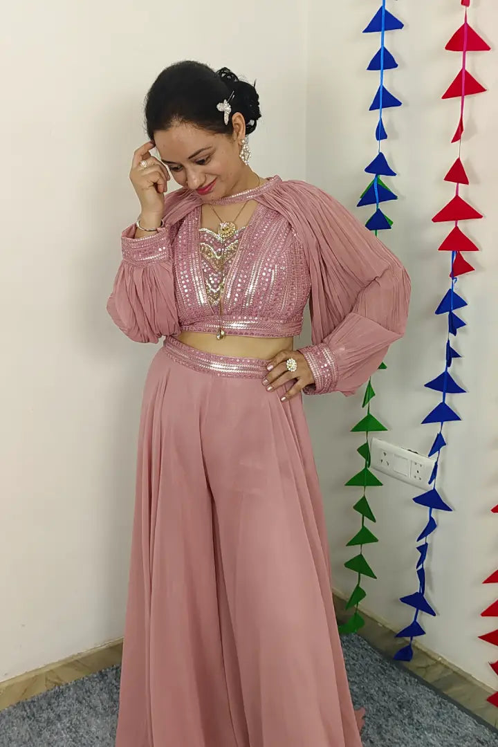 Crop Top Sharara Set With Cape sleeves Design in Mauve