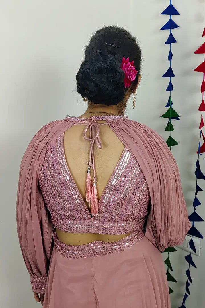 Crop Top Sharara Set With Cape sleeves Design in Mauve