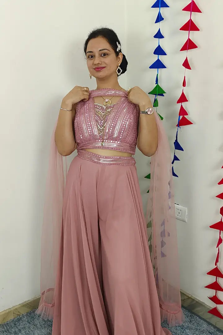 Crop Top Sharara Set With Cape sleeves Design in Mauve