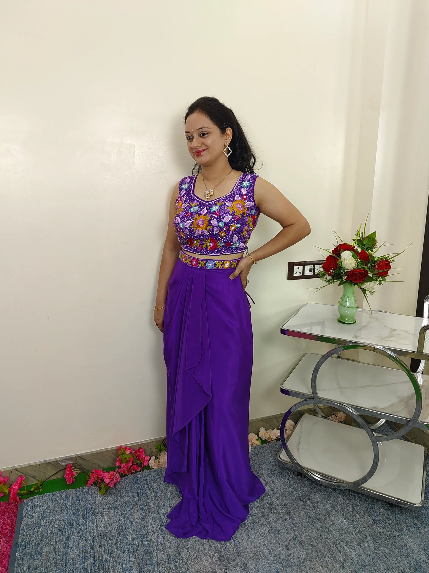 Partywear Indo Western Dress With Shrug With Multi Embroidered Crop Top