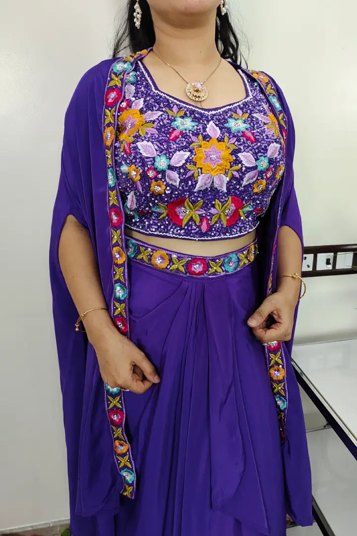 Partywear Indo Western Dress With Shrug With Multi Embroidered Crop Top
