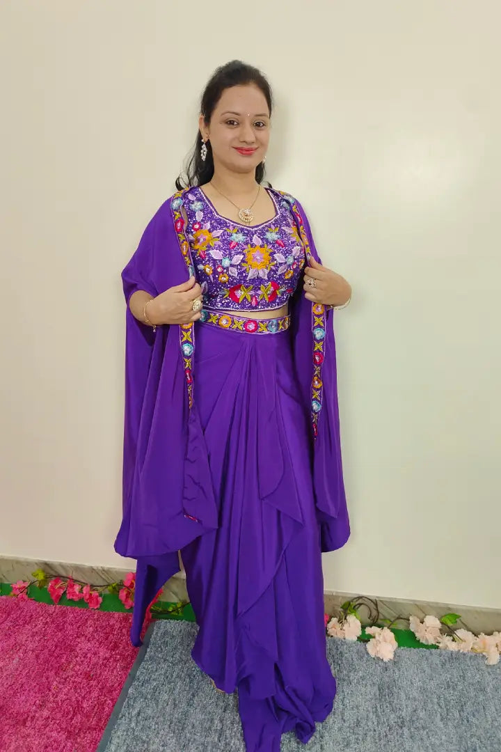 Partywear Indo Western Dress With Shrug With Multi Embroidered Crop Top