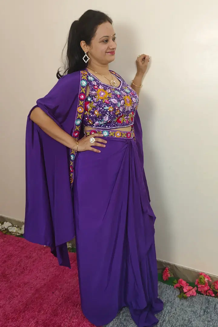 Partywear Indo Western Dress With Shrug With Multi Embroidered Crop Top