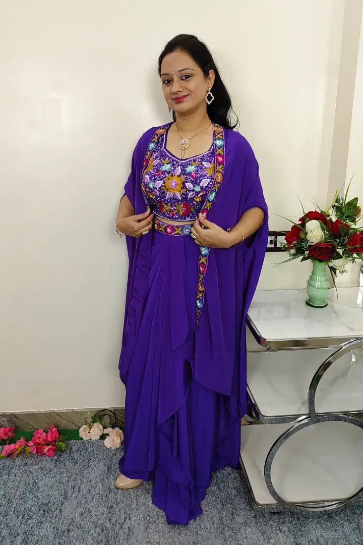 Partywear Indo Western Dress With Shrug With Multi Embroidered Crop Top