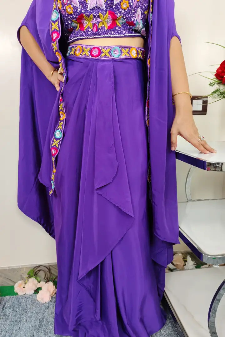 Partywear Indo Western Dress With Shrug With Multi Embroidered Crop Top
