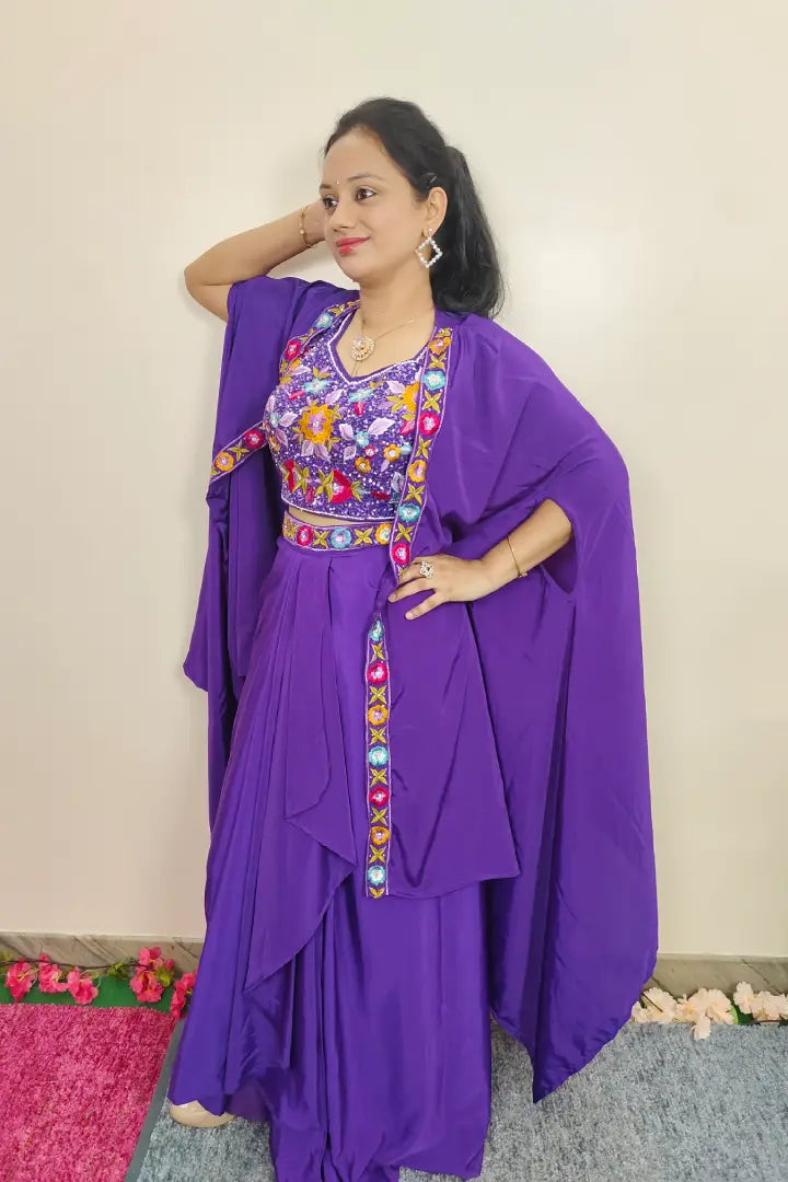 Partywear Indo Western Dress With Shrug With Multi Embroidered Crop Top