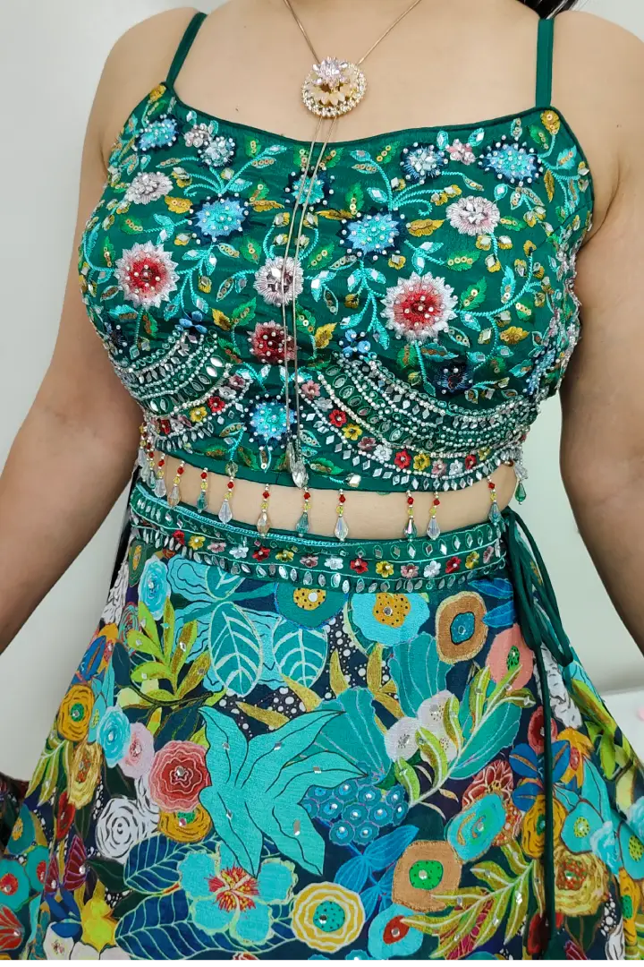 Stylish Printed Crop Top Skirt With CApe Shrug in Green For Mehendi Ceremony