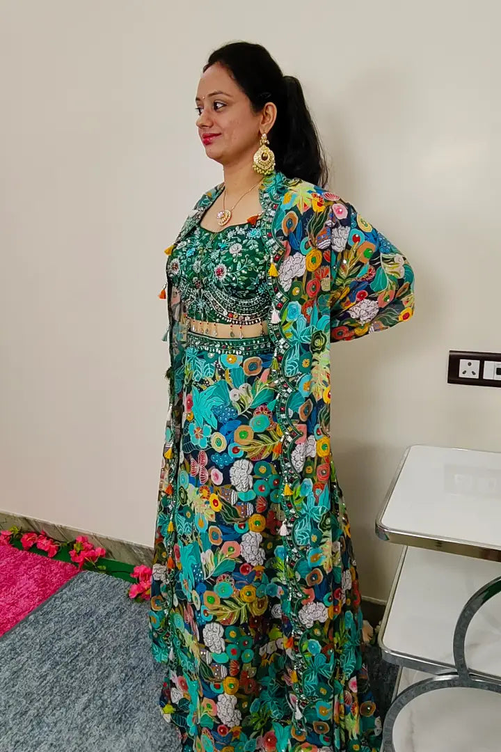 Stylish Printed Crop Top Skirt With CApe Shrug in Green For Mehendi Ceremony