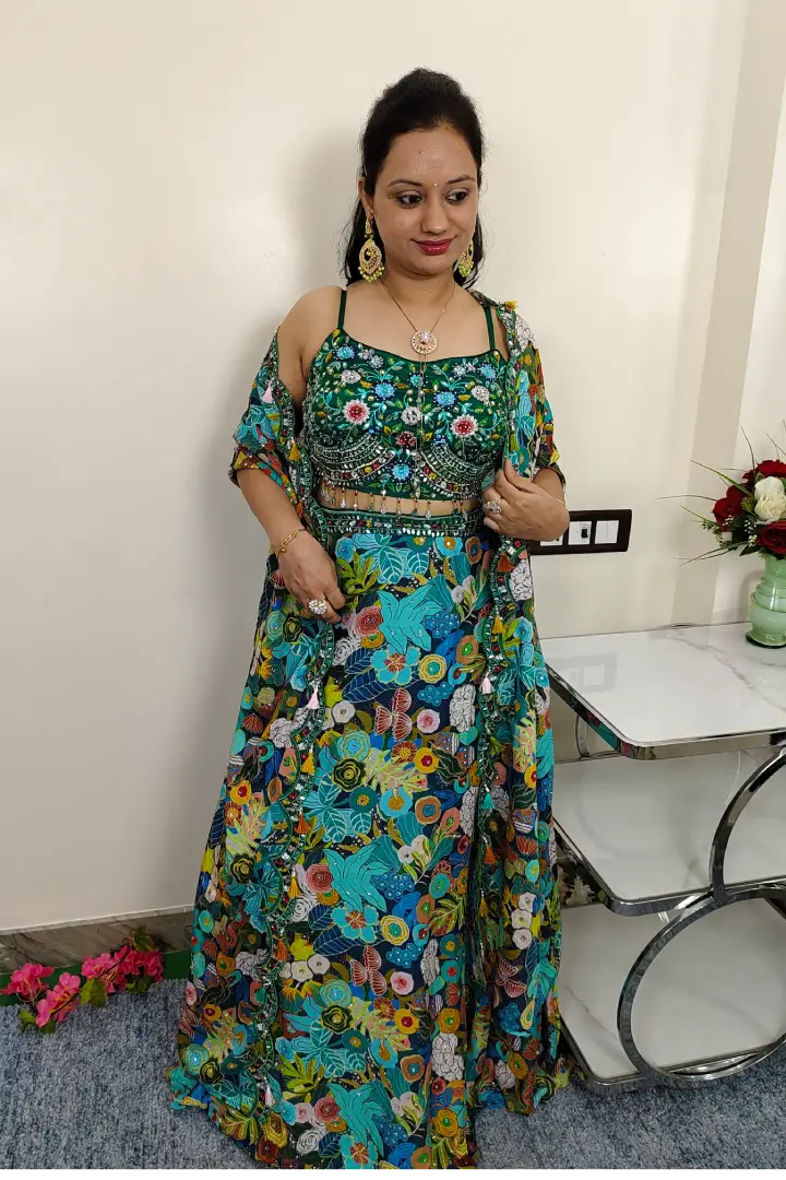 Stylish Printed Crop Top Skirt With CApe Shrug in Green For Mehendi Ceremony