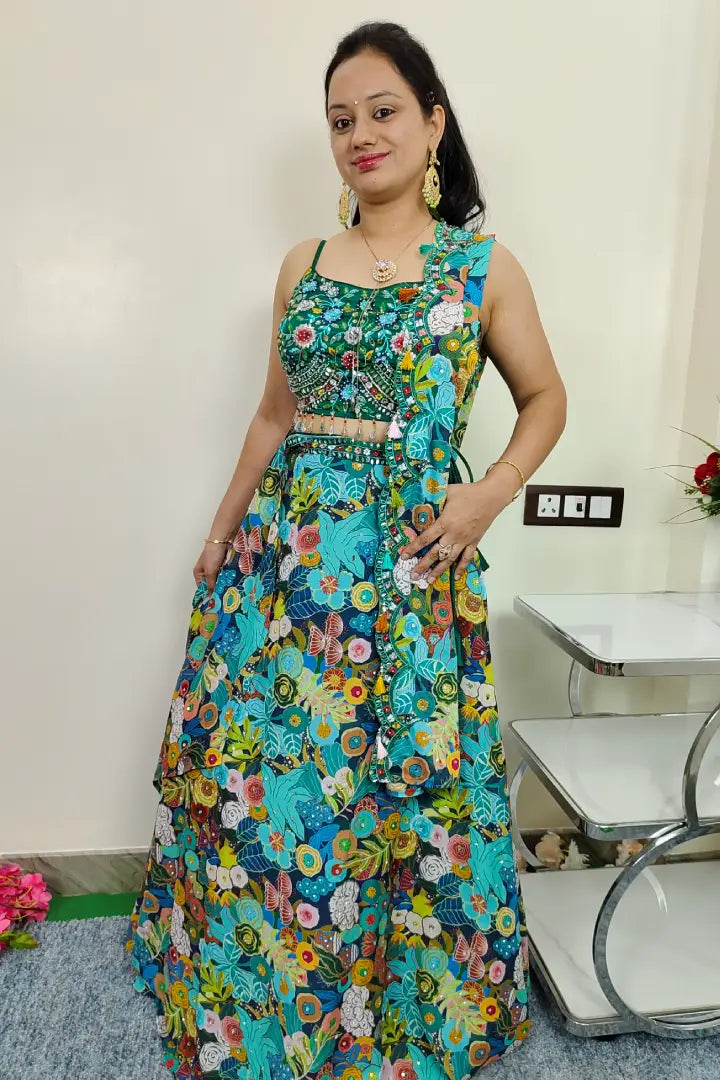 Stylish Printed Crop Top Skirt With CApe Shrug in Green For Mehendi Ceremony
