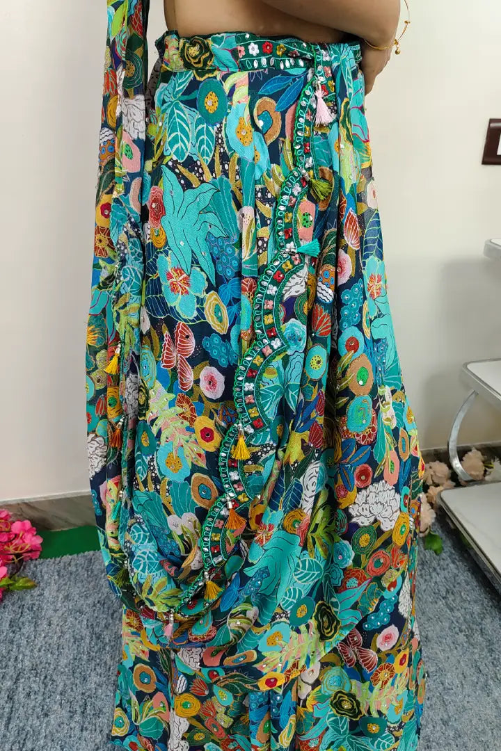 Stylish Printed Crop Top Skirt With CApe Shrug in Green For Mehendi Ceremony