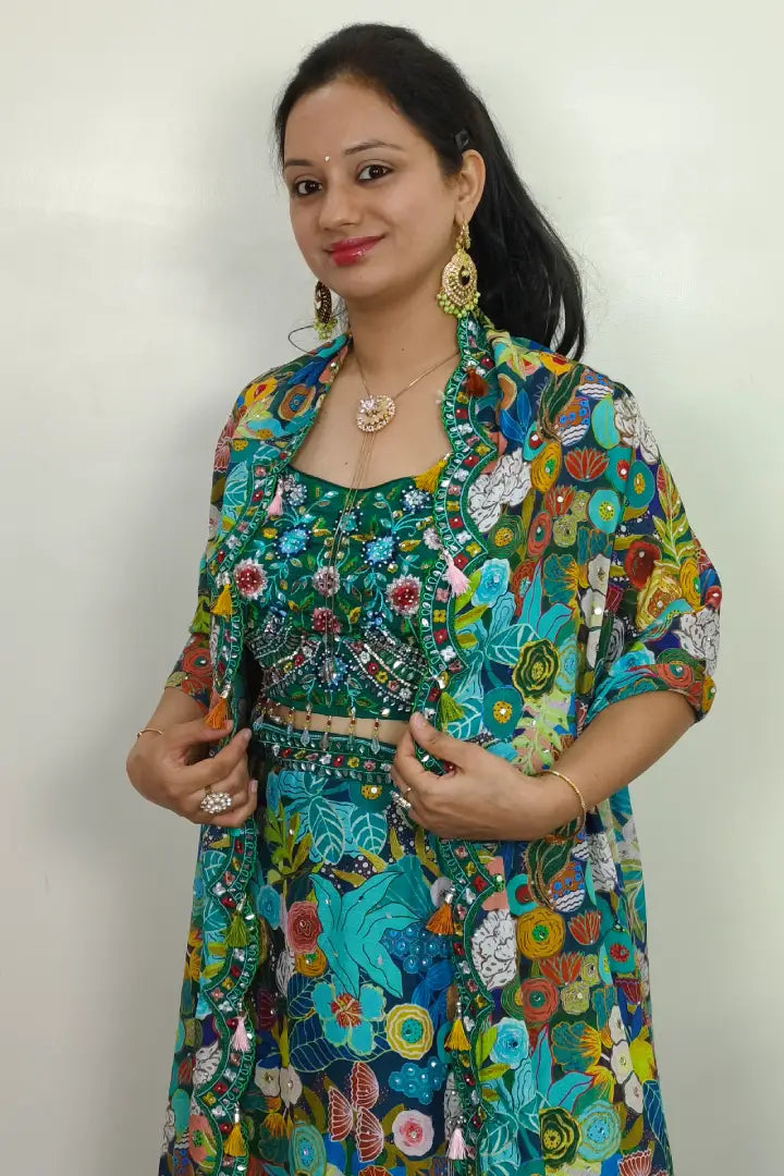 Stylish Printed Crop Top Skirt With CApe Shrug in Green For Mehendi Ceremony