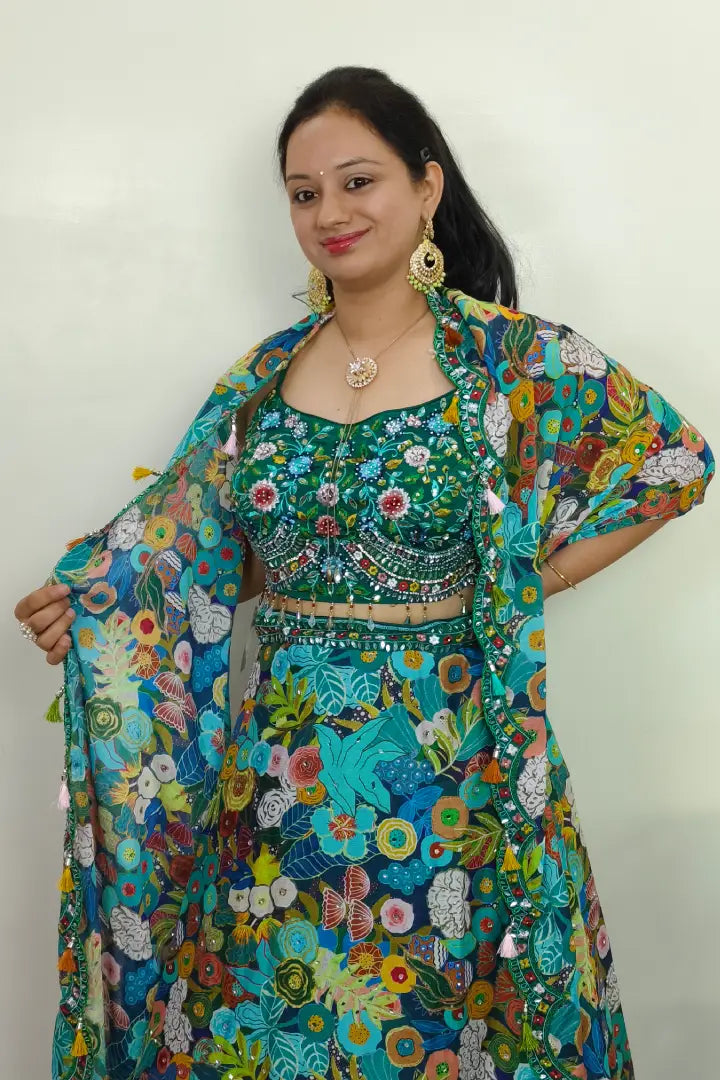 Stylish Printed Crop Top Skirt With CApe Shrug in Green For Mehendi Ceremony