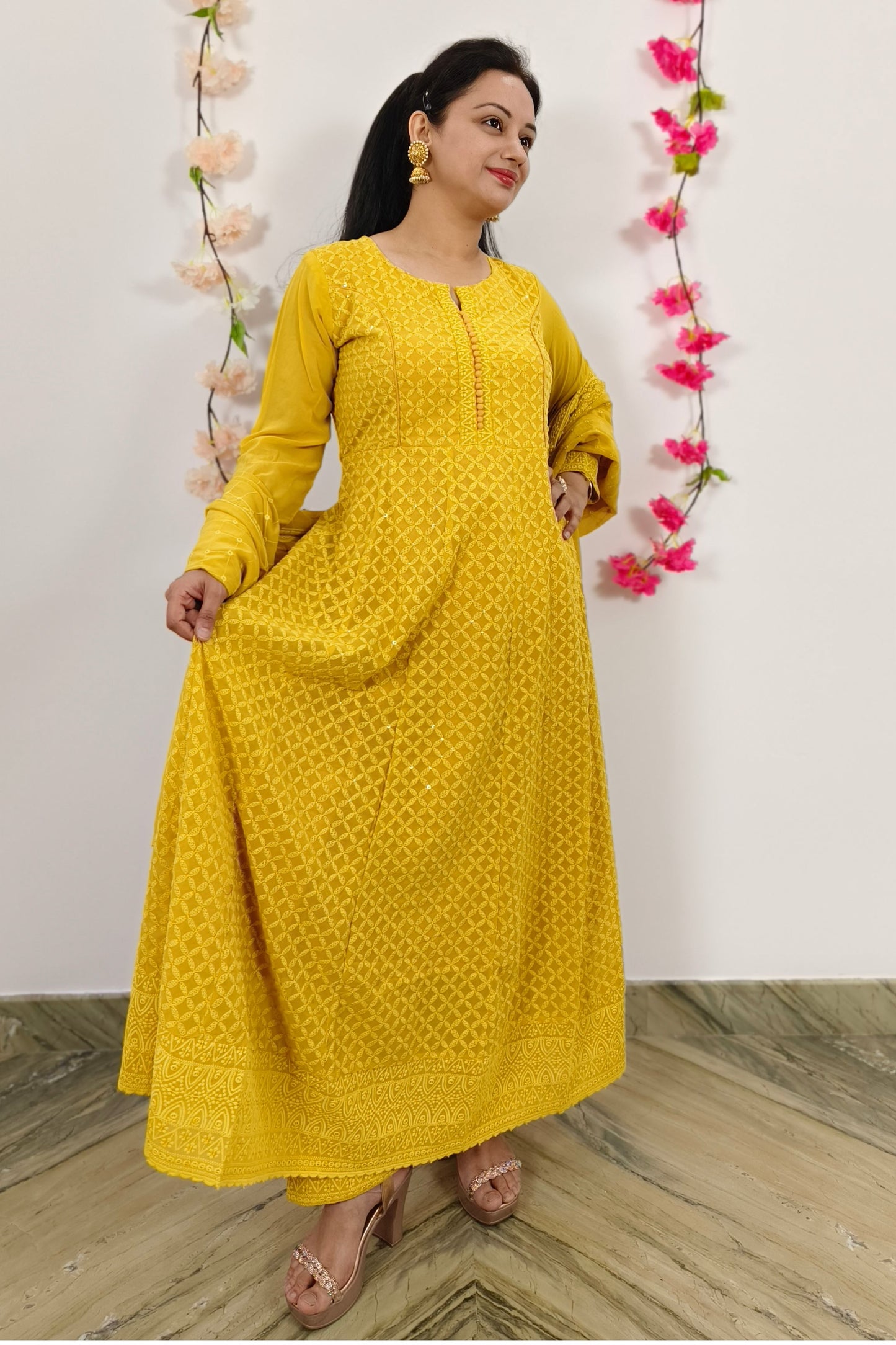 ThreadWork Anarkali SUit Set With Duppatta In Mustard