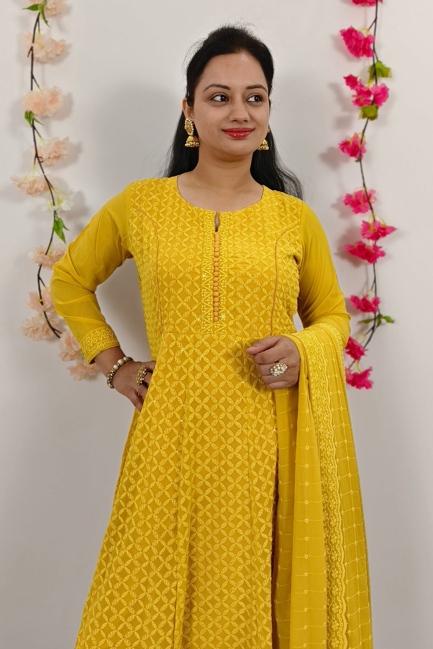 ThreadWork Anarkali SUit Set With Duppatta In Mustard