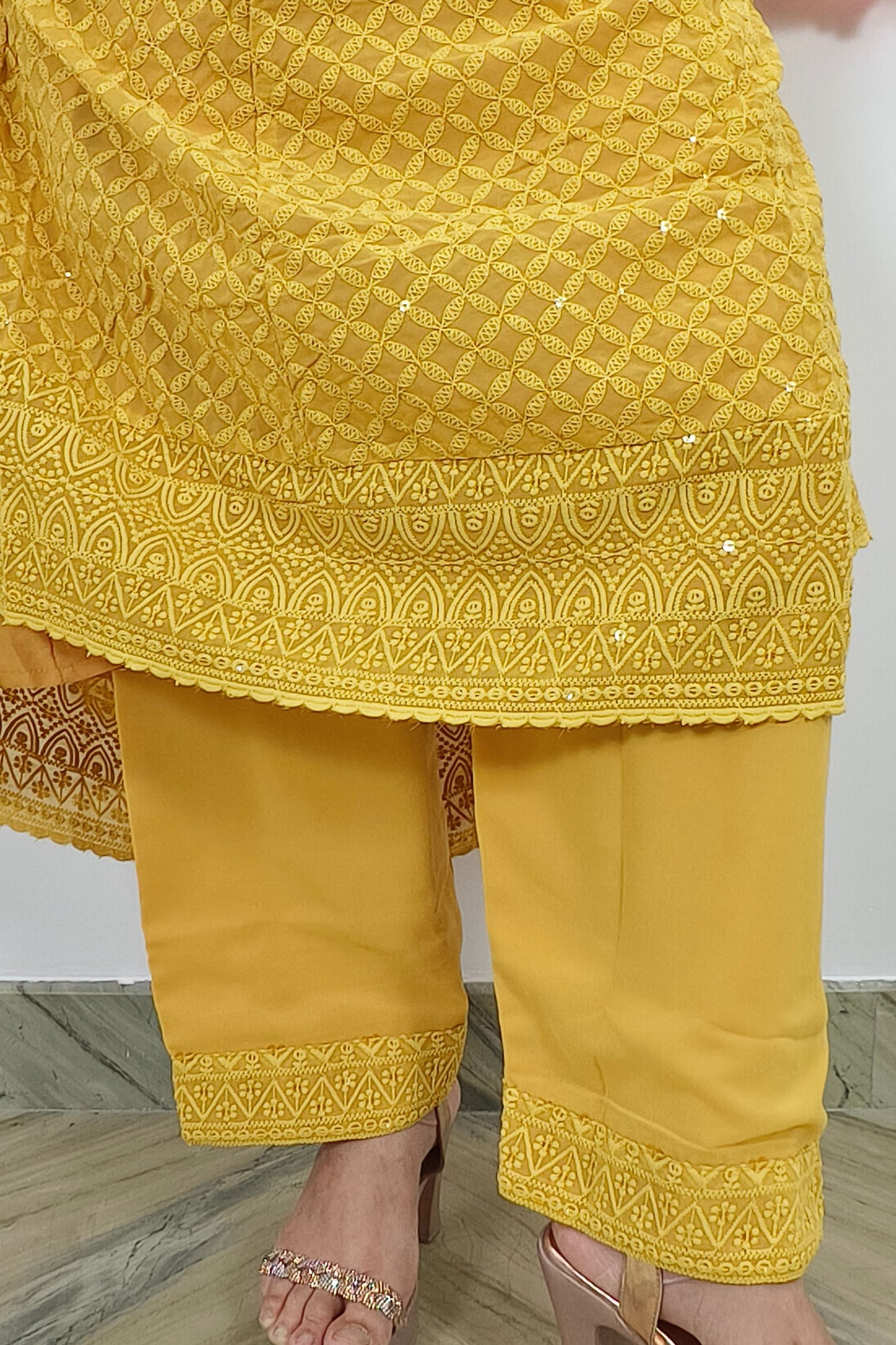 ThreadWork Anarkali SUit Set With Duppatta In Mustard