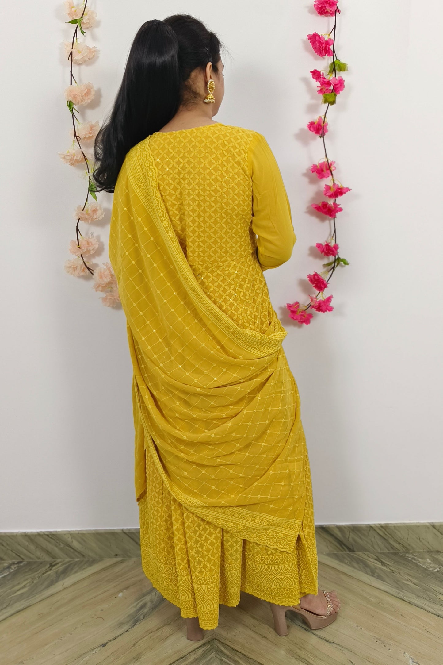 ThreadWork Anarkali SUit Set With Duppatta In Mustard