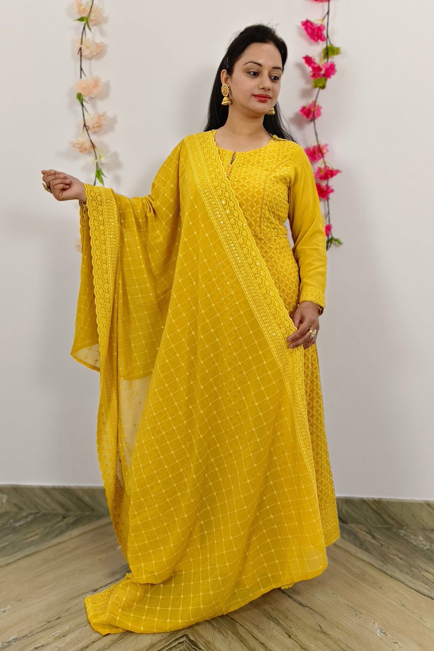 ThreadWork Anarkali SUit Set With Duppatta In Mustard