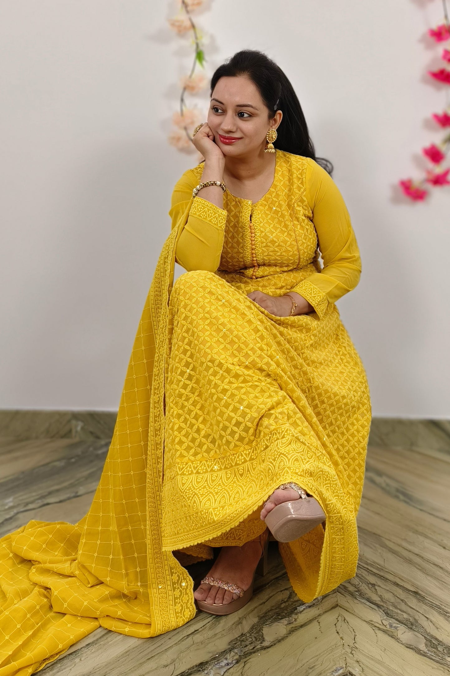 ThreadWork Anarkali SUit Set With Duppatta In Mustard