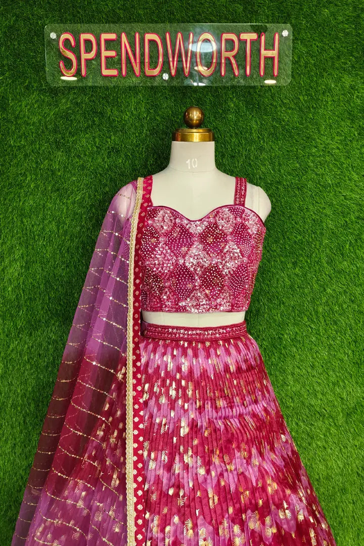 Spagheti Style Pearl Beaded Blouse With Organza printed Lehenga In Magenta