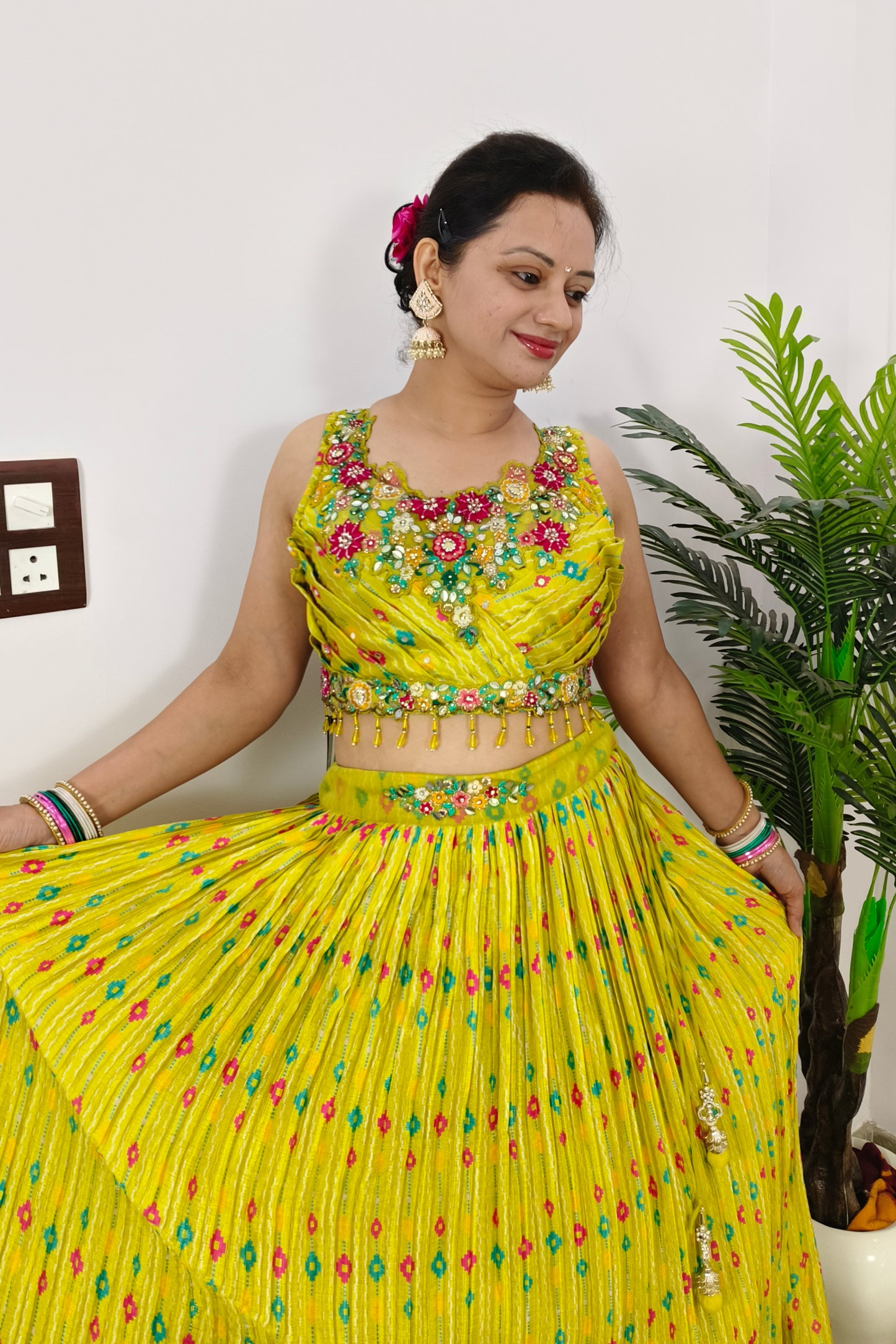 Perfect Haldi Occasion Crop Top Skirt With Shrug In Neon Yellow