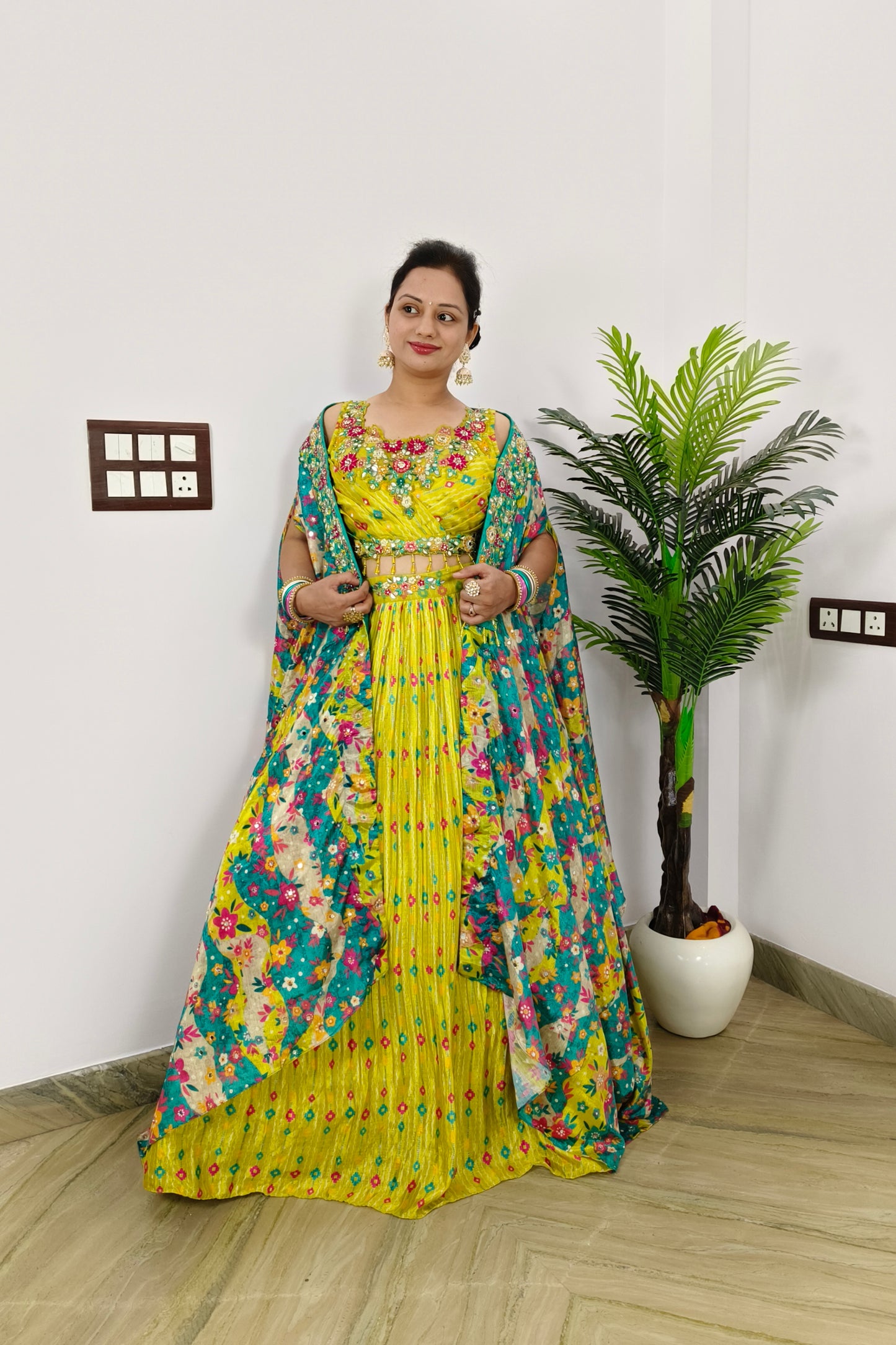 Perfect Haldi Occasion Crop Top Skirt With Shrug In Neon Yellow