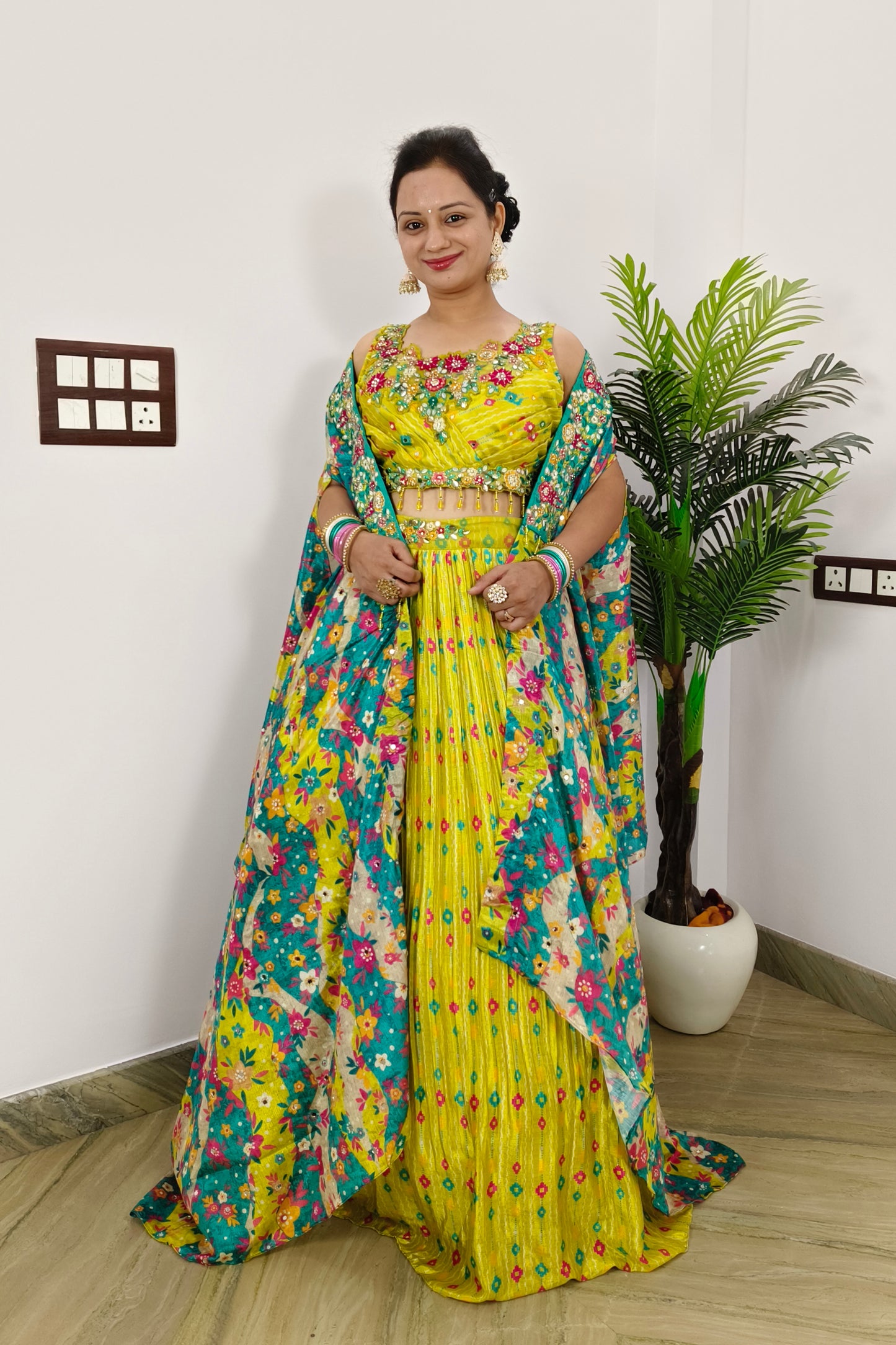 Perfect Haldi Occasion Crop Top Skirt With Shrug In Neon Yellow