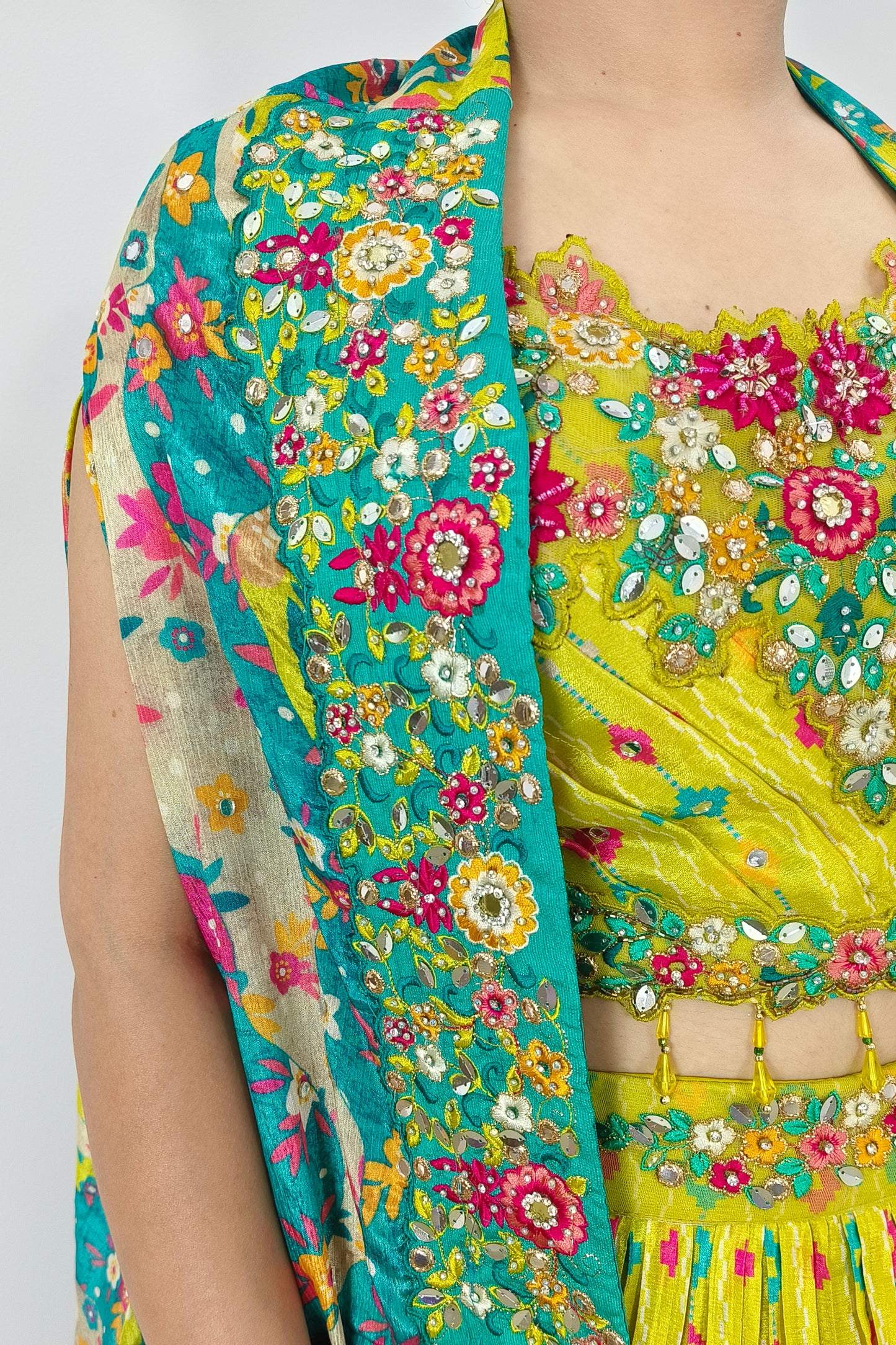 Perfect Haldi Occasion Crop Top Skirt With Shrug In Neon Yellow