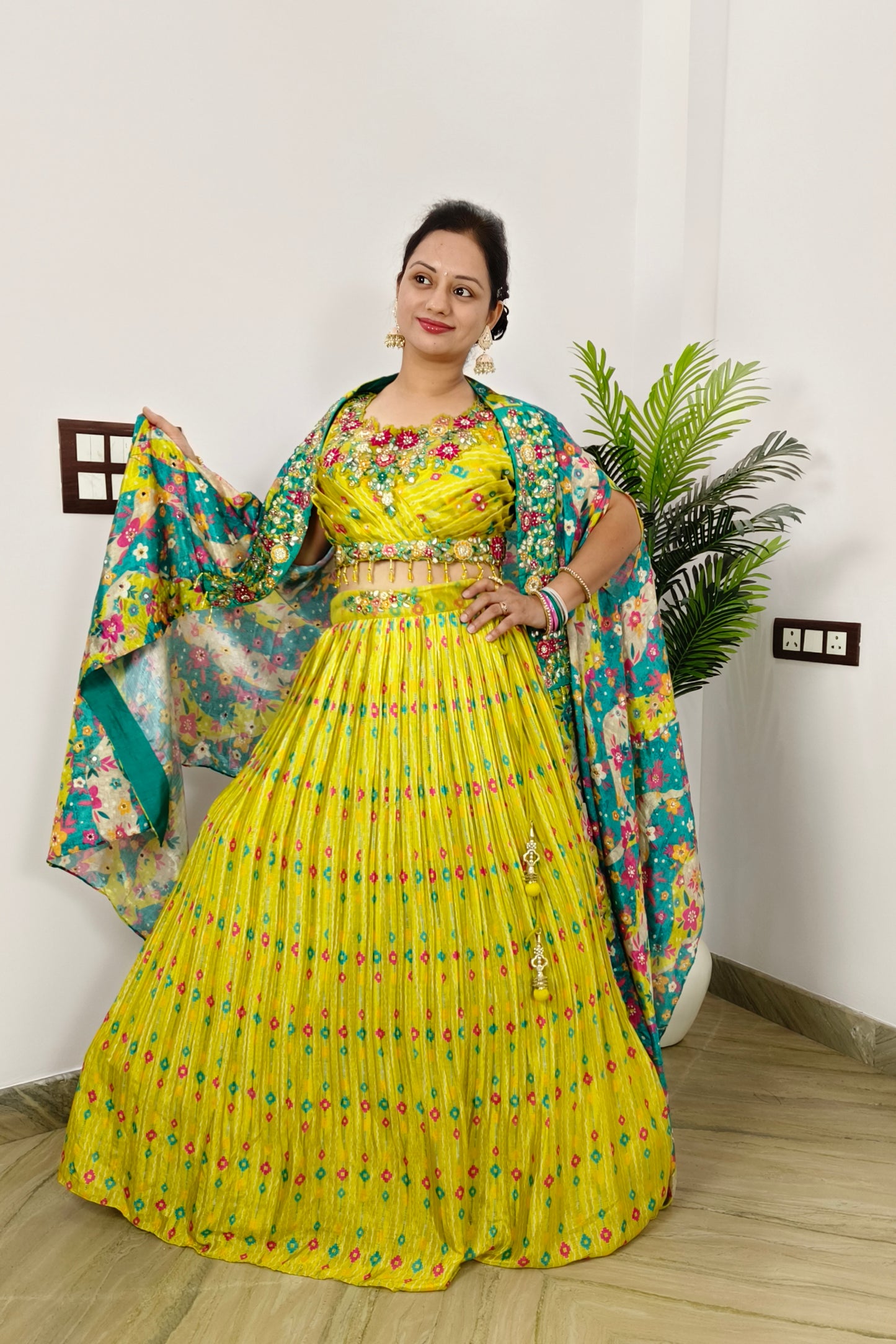 Perfect Haldi Occasion Crop Top Skirt With Shrug In Neon Yellow