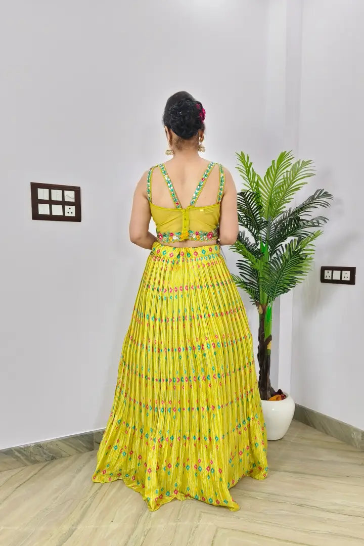 Perfect Haldi Occasion Crop Top Skirt With Shrug In Neon Yellow
