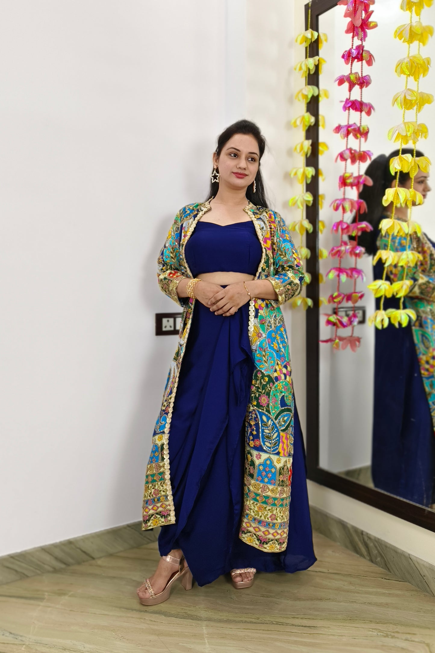 Indo western Dress With Separate Embroidered Overshrug in Blue