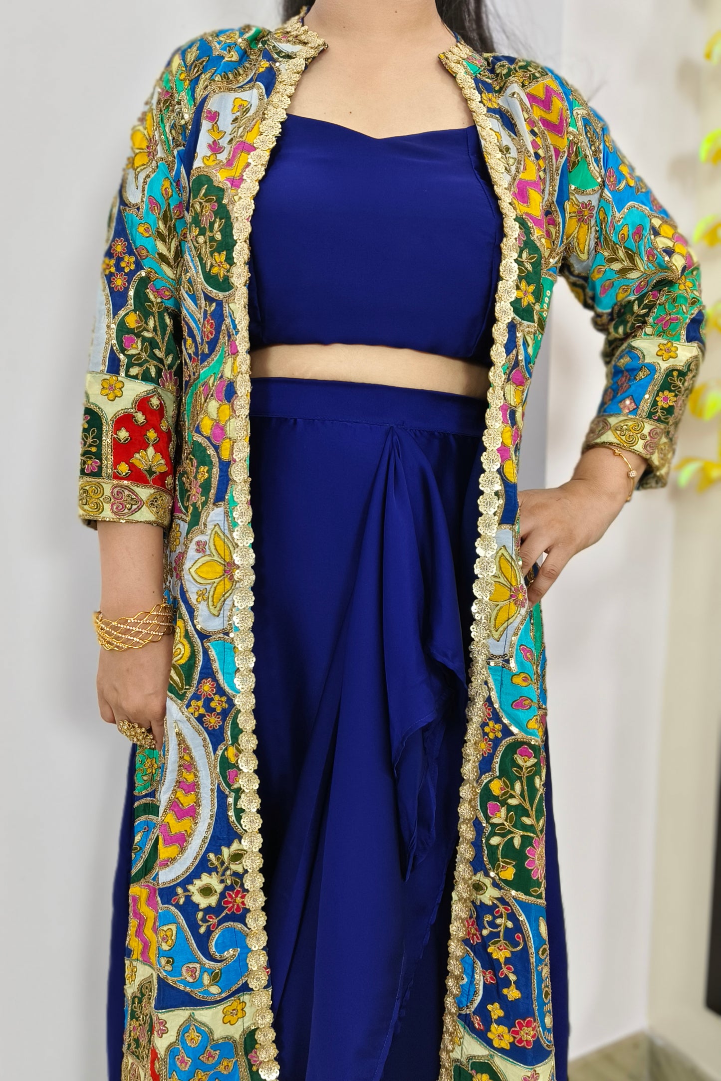 Indo western Dress With Separate Embroidered Overshrug in Blue