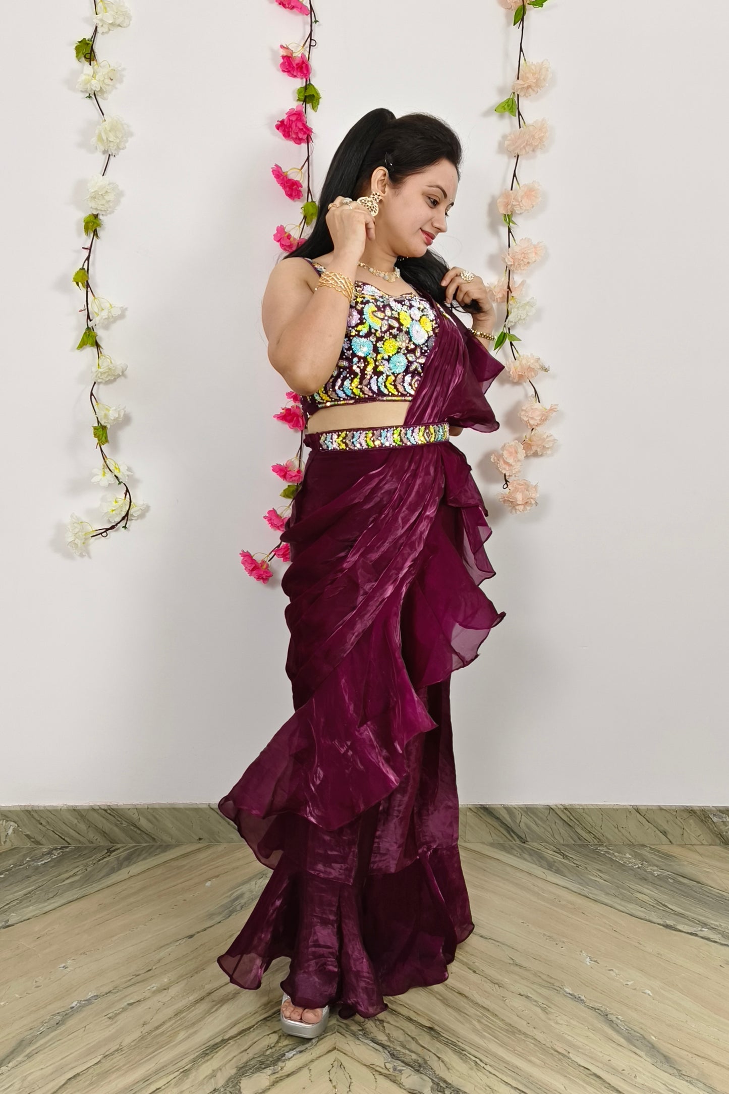 Hand Embellished Blouse Ready to Wear Drape Saree in Organza In Wine