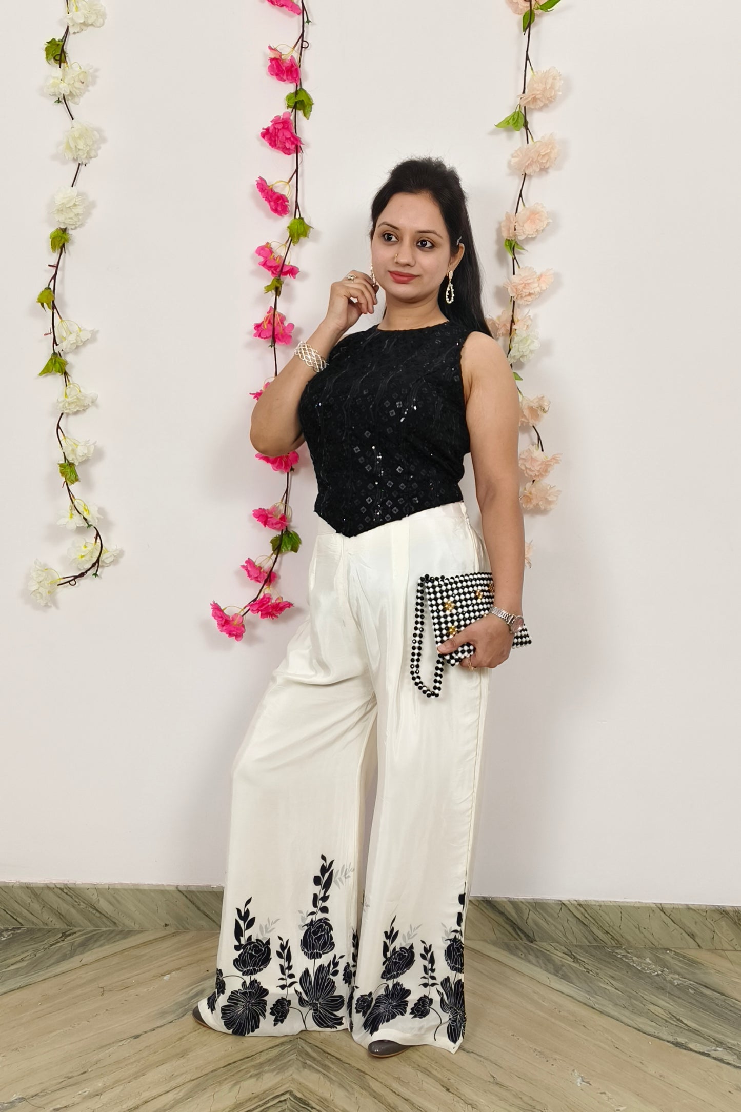 Crop Top Sharara With kaftaan Shrug In Black White Contrast