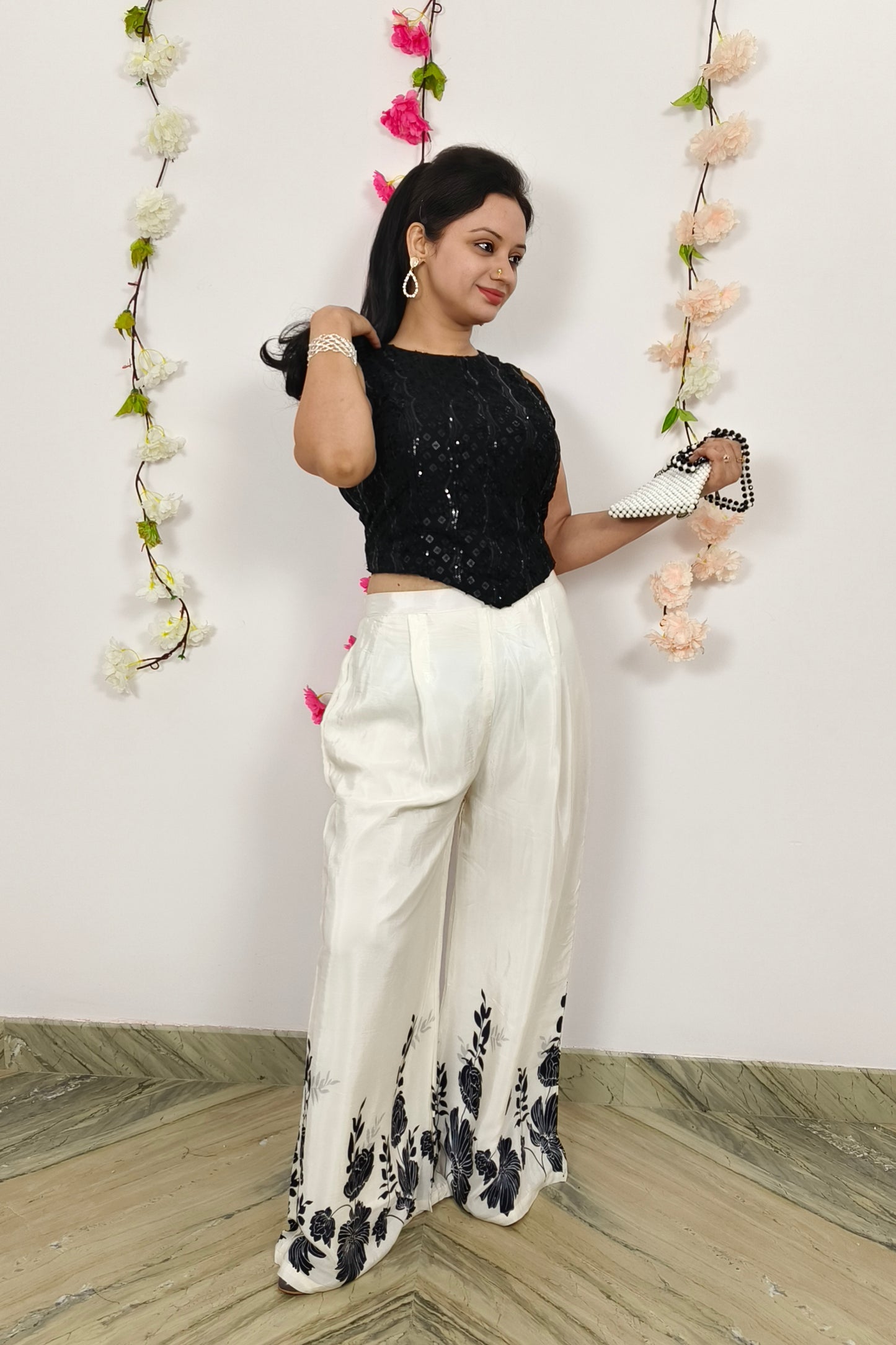 Crop Top Sharara With kaftaan Shrug In Black White Contrast