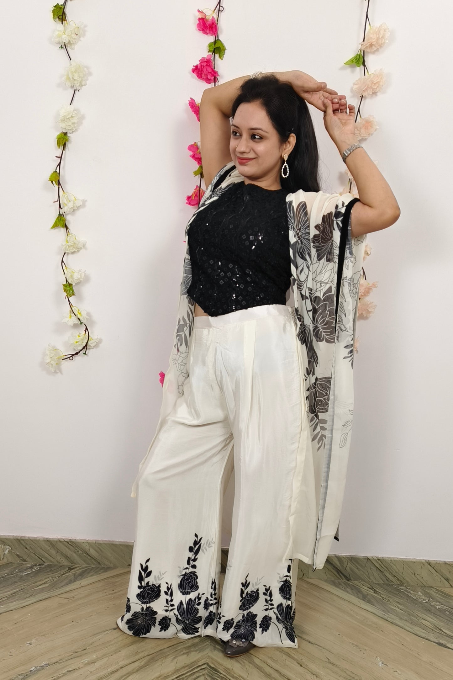 Crop Top Sharara With kaftaan Shrug In Black White Contrast