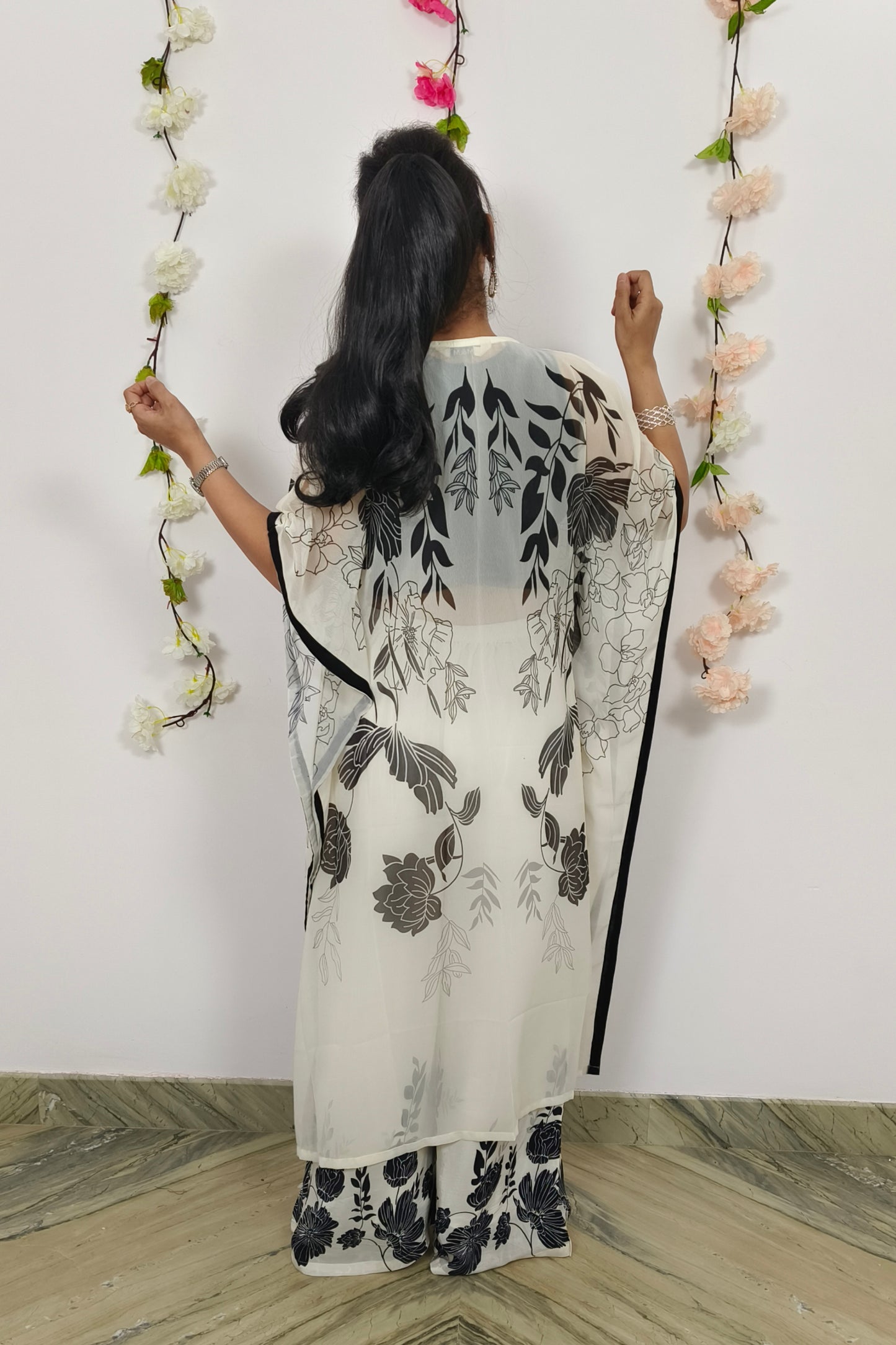 Crop Top Sharara With kaftaan Shrug In Black White Contrast