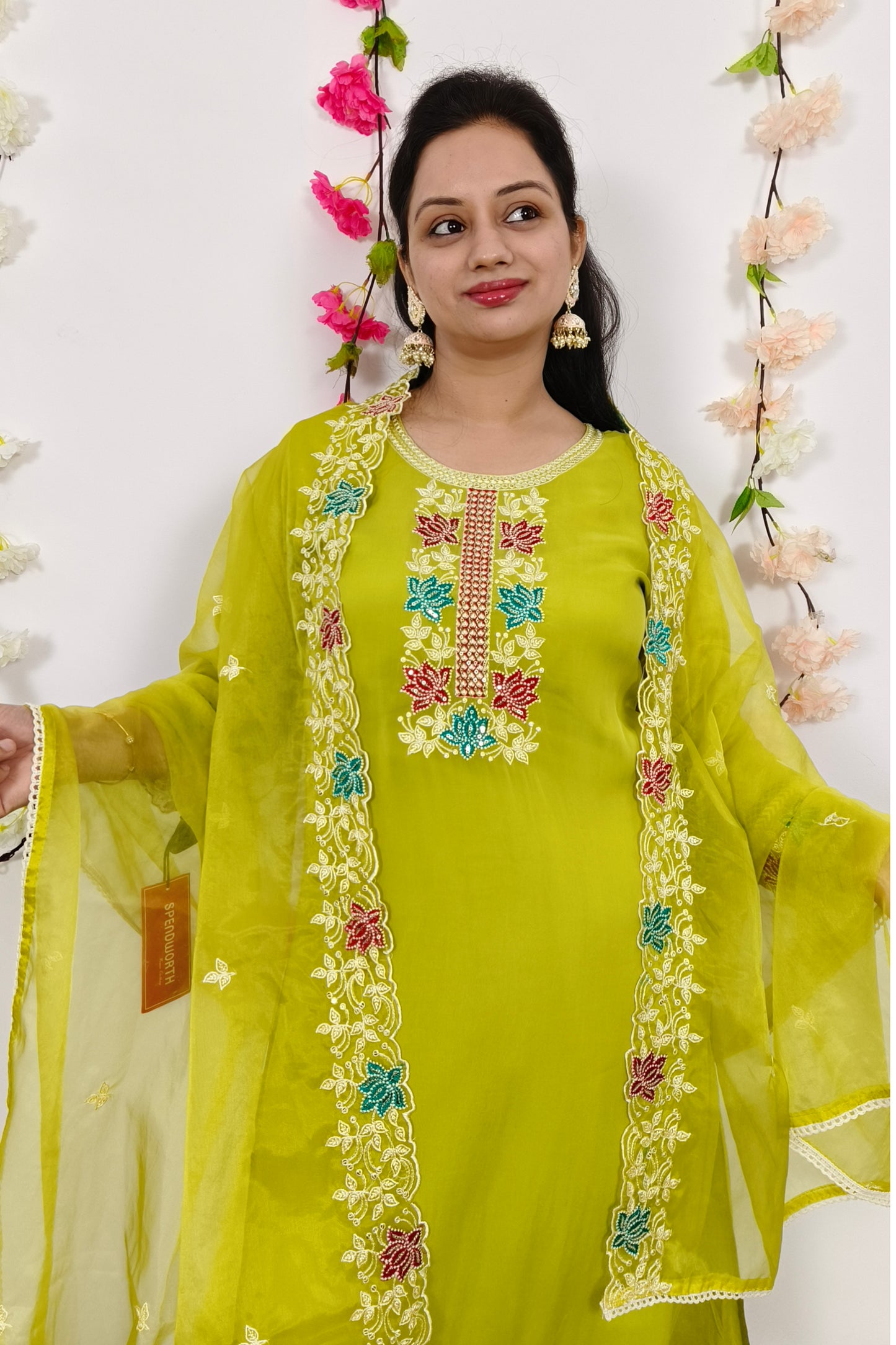 Pakistani Organza Multi Thread Work Embroidered Staright Suit With Cut Work Embroidered Duppatta in Neon Parrot