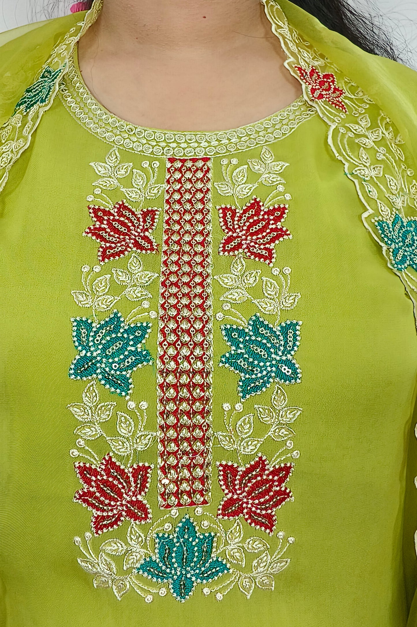 Pakistani Organza Multi Thread Work Embroidered Staright Suit With Cut Work Embroidered Duppatta in Neon Parrot