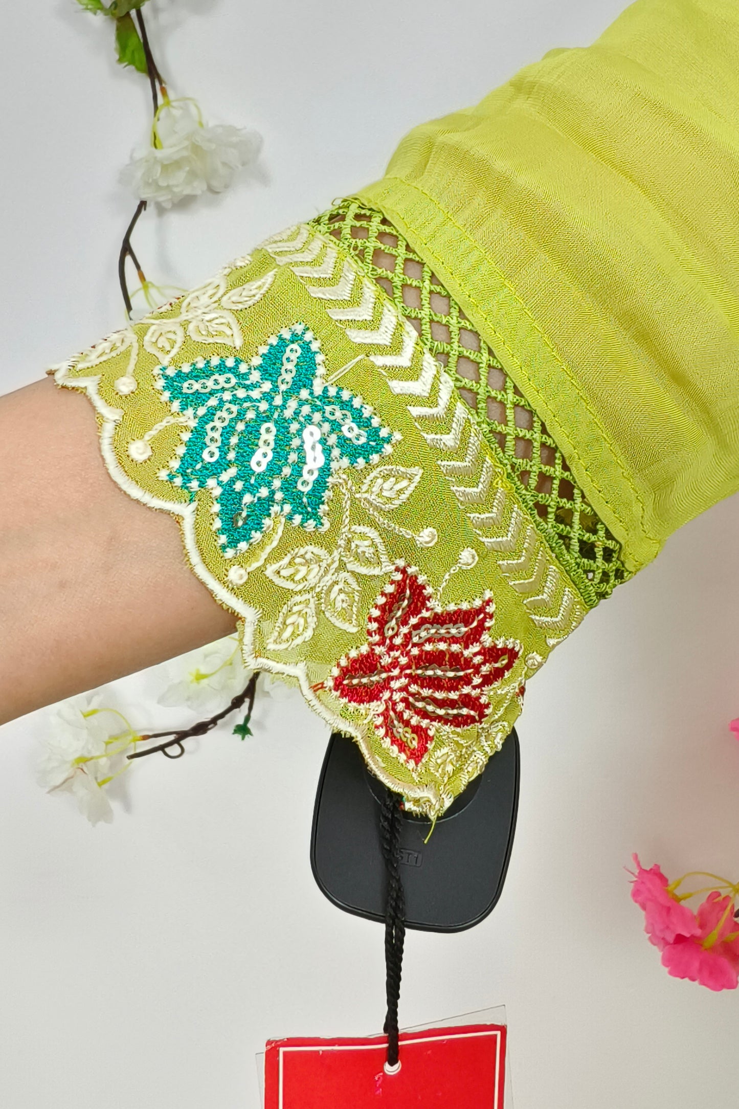 Pakistani Organza Multi Thread Work Embroidered Staright Suit With Cut Work Embroidered Duppatta in Neon Parrot